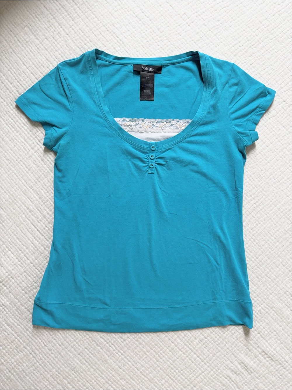 y2k teal lace trim henley top
